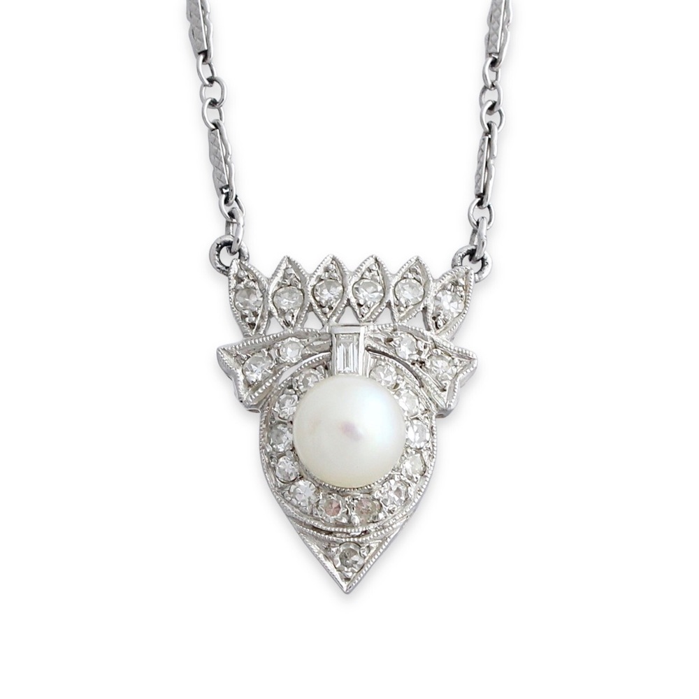 Vintage Natural Diamond & Genuine Pearl 14K White Gold Pendant Necklace Estate